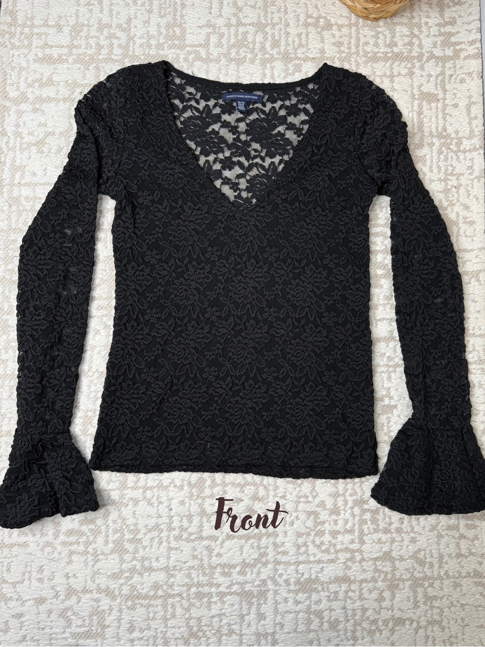 American Eagle Outfitters Black Lace V‑Neck Long Sleeve Top with Flared Cuffs